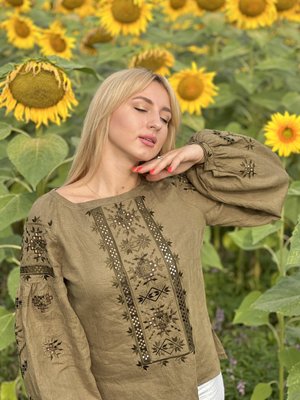 Women's embroidered shirt khaki SVZH3, S, 100% linen, Women