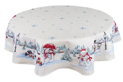 Tapestry tablecloth ROUND1062 "Funny snowmen", Ø140, Round, New Year's, Silver lurex, 75% polyester, 22% cotton, 3% acrylic