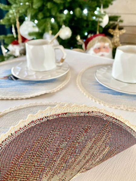 Tapestry placemat with lace ROUND1062M-20D "Funny snowmen", Ø20, Round, New Year's, Silver lurex, 75% polyester, 22% cotton, 3% acrylic