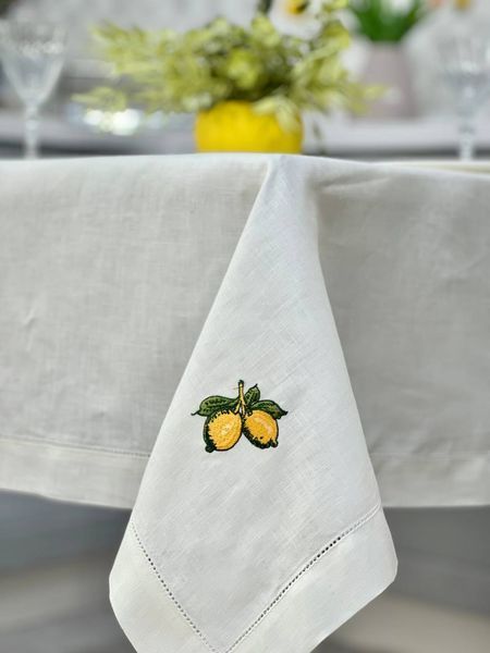 Embroidered tablecloth with net &lsquo;Lemons&rsquo; SKLM19, 140x140, Square, Everyday, Embroidery, 100% linen