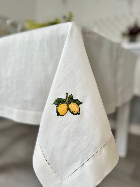 Embroidered tablecloth with net &lsquo;Lemons&rsquo; SKLM19, 140x140, Square, Everyday, Embroidery, 100% linen