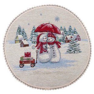 Tapestry placemat with lace ROUND1062M-30D Сніговики-витівники, &Oslash;30, Round, New Year's, Silver lurex, 75% polyester, 22% cotton, 3% acrylic, Tapestry