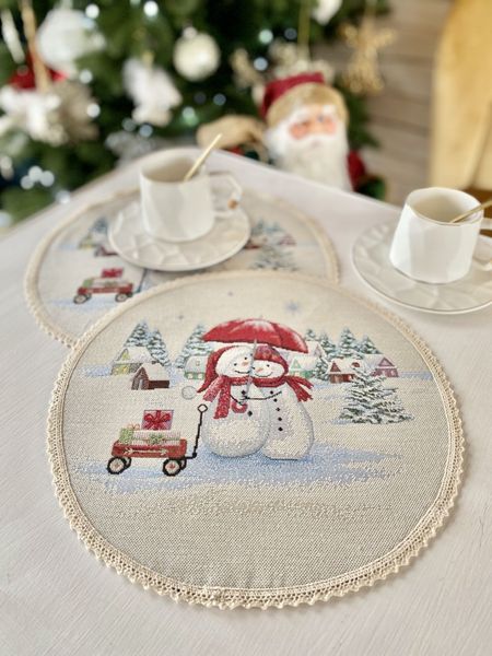 Tapestry placemat with lace ROUND1062M-30D "Сніговики-витівники", Ø30, Round, New Year's, Silver lurex, 75% polyester, 22% cotton, 3% acrylic