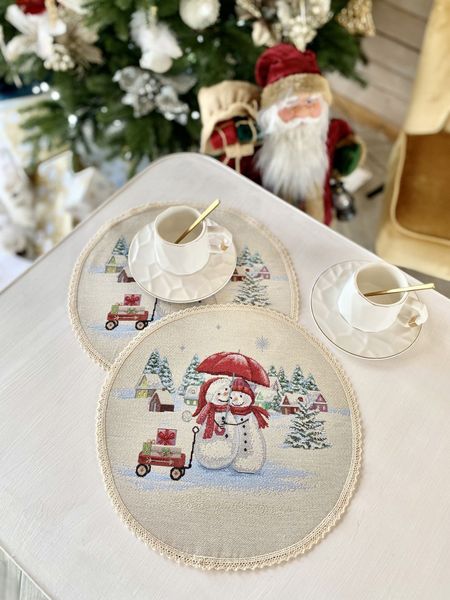Tapestry placemat with lace ROUND1062M-30D "Сніговики-витівники", Ø30, Round, New Year's, Silver lurex, 75% polyester, 22% cotton, 3% acrylic