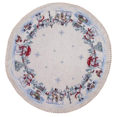 Tapestry tablecloth with lace ROUND1062M "Funny snowmen", Ø90, Round, New Year's, Silver lurex, 75% polyester, 22% cotton, 3% acrylic