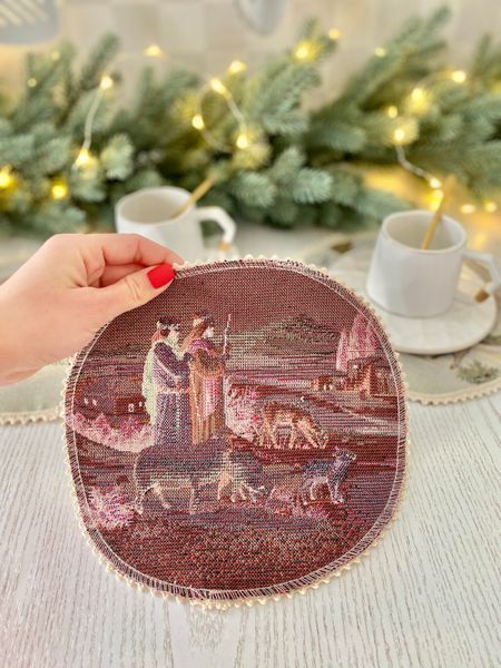 Tapestry placemat with lace ROUND1153M-20D Christmas miracle, &Oslash;20, 20, 20, Round, New Year's, Golden lurex, 70% polyester, 23% cotton, 3% acrylic, 4% metal fibre, Tapestry