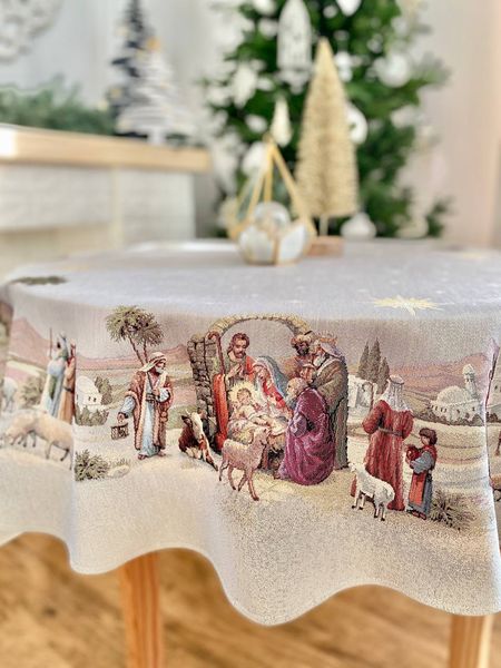 Tapestry tablecloth ROUND1153 "Christmas miracle", Ø140, Round, New Year's, Golden lurex, 70% polyester, 23% cotton, 3% acrylic, 4% metal fibre