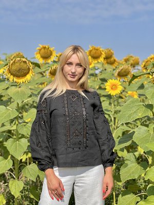 Damska haftowana koszula w kolorze czarnym SVZH4, S, 100% linen, Women