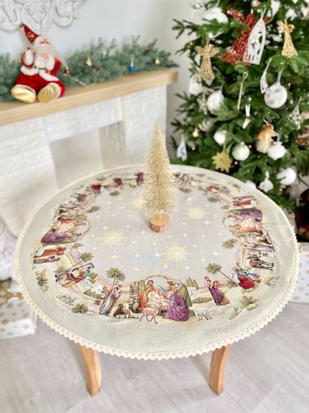 Tapestry tablecloth with lace ROUND1153M "Вифлеємське диво", Ø90, Round, New Year's, Golden lurex, 70% polyester, 23% cotton, 3% acrylic, 4% metal fibre