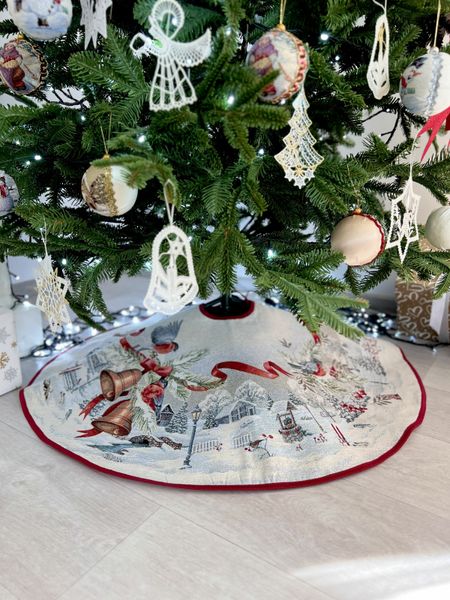 Tapestry Christmas tree skirt ROUND1254 "Christmas News", Ø90, Round, New Year's, Silver lurex, 70% polyester, 23% cotton, 3% acrylic, 4% metal fibre