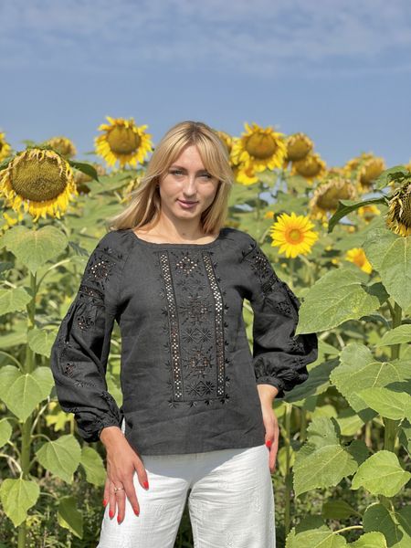 Damska haftowana koszula w kolorze czarnym SVZH4, L, 100% linen, Women