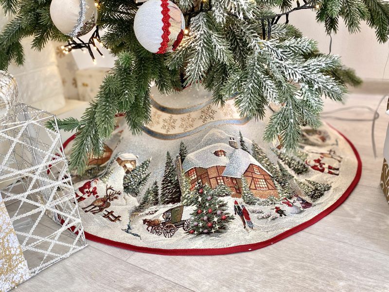 Tapestry Christmas tree skirt ROUND723 "Christmas in Mountains", Ø90, Round, New Year's, Without lurex, 75% polyester, 22% cotton, 3% acrylic