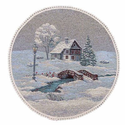 Tapestry placemat with lace ROUND1254M-25D "Christmas News", Ø25, Round, New Year's, Silver lurex, 70% polyester, 23% cotton, 3% acrylic, 4% metal fibre