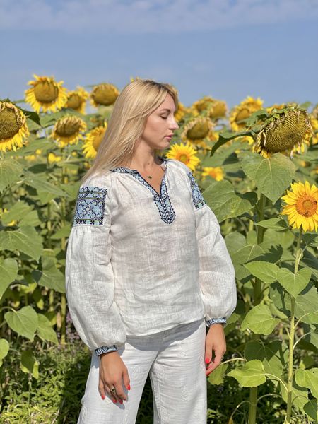 Damska haftowana koszula z niebieskimi i żółtymi nićmi SVZH5, S, 100% linen, Women