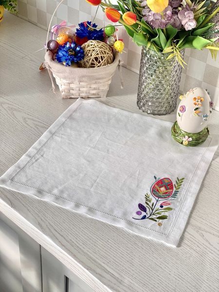 Embroidered placemat COLORFUL SPRING, Square, Easter, Embroidery, 100% linen