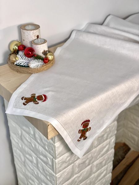 Bieżnik na st&oacute;ł z haftem GINGERBREAD MAN, 40x140, Prostokątny, Nowy Rok, Haft, 100% len