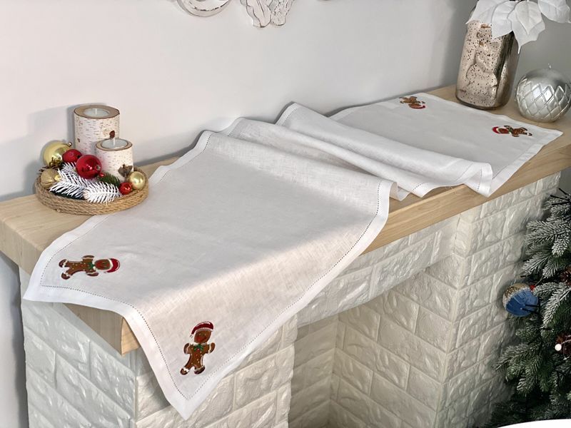 Bieżnik na st&oacute;ł z haftem GINGERBREAD MAN, 40x140, Prostokątny, Nowy Rok, Haft, 100% len
