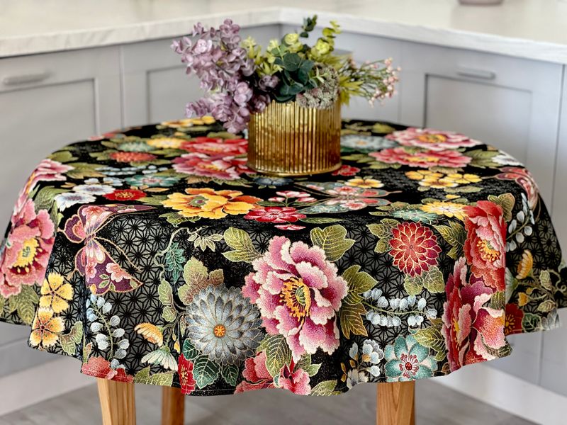 Tapestry tablecloth JAPAN003, Ø140, Round, Everyday, Golden lurex, 75% polyester, 22% cotton, 3% acrylic