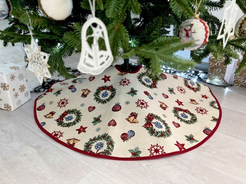 Gobelinowa sp&oacute;dnica choinkowa MERRY, &Oslash;90, 90, 90, Okrągły, Nowy Rok, Bez lureksu, 40% bawełna, 36% poliester, 24% akryl, Gobelin