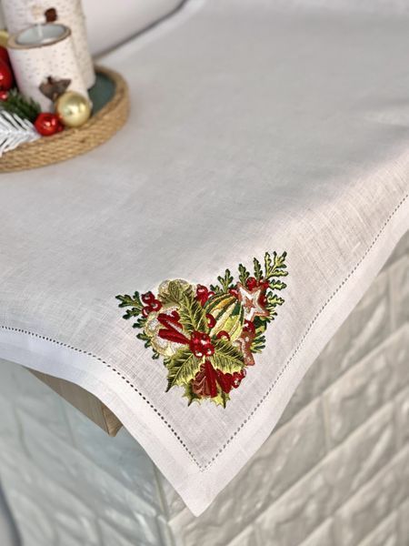 Bieżnik na st&oacute;ł z haftem XMAS DECOR, 40x140, Prostokątny, Nowy Rok, Haft, 100% len