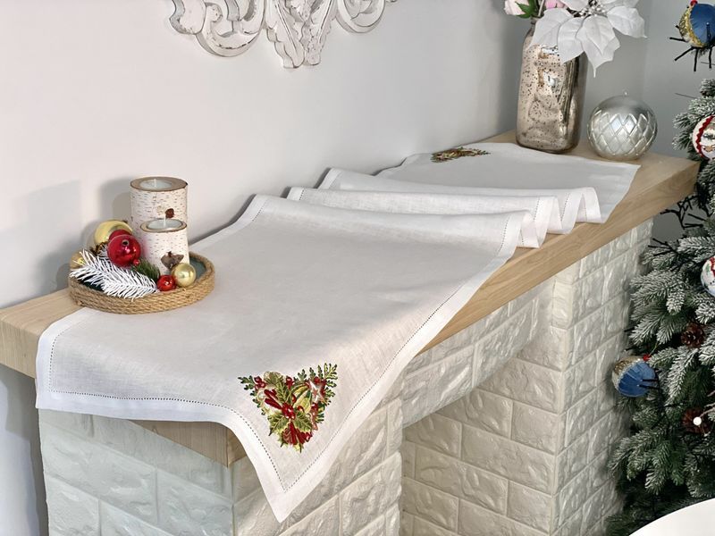 Bieżnik na st&oacute;ł z haftem XMAS DECOR, 40x140, Prostokątny, Nowy Rok, Haft, 100% len