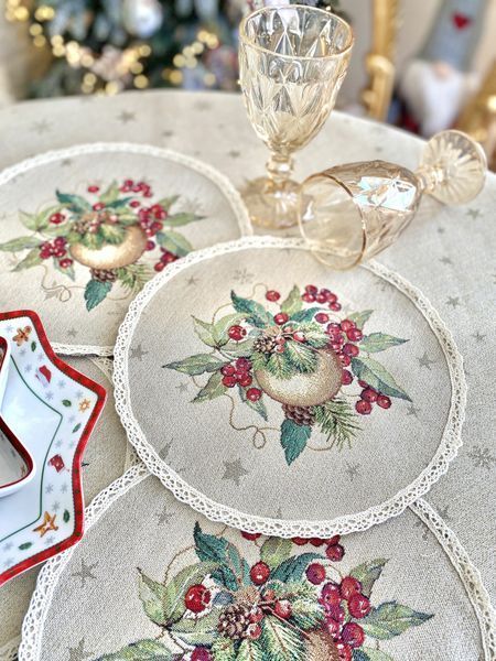 Set of tapestry napkins with lace ROUND1309FMM-SET4-25D Forest Harmony, &Oslash;25, 25, 25, Round, New Year's, Golden lurex, 70% polyester, 23% cotton, 3% acrylic, 4% metal fibre, Tapestry, 4 pcs.