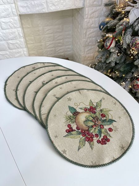 Set of tapestry napkins with lace ROUND1309FMM-SET4-25D Forest Harmony, &Oslash;25, 25, 25, Round, New Year's, Golden lurex, 70% polyester, 23% cotton, 3% acrylic, 4% metal fibre, Tapestry, 4 pcs.