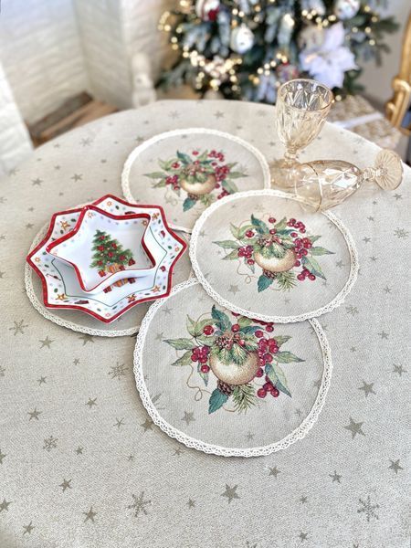 Set of tapestry napkins with lace ROUND1309FMM-SET4-25D Forest Harmony, &Oslash;25, 25, 25, Round, New Year's, Golden lurex, 70% polyester, 23% cotton, 3% acrylic, 4% metal fibre, Tapestry, 4 pcs.