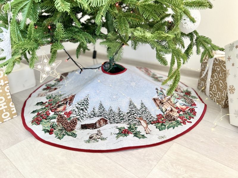 Tapestry Christmas tree skirt SQUIRREL, Ø90, Round, New Year's, Silver lurex, 75% polyester, 22% cotton, 3% acrylic