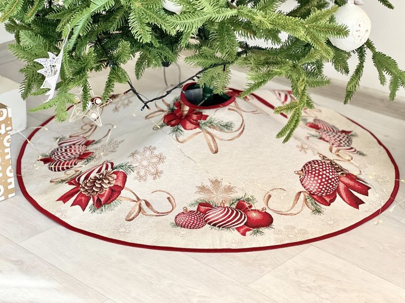 Tapestry Christmas tree skirt RED BALLS, Ø90, Round, New Year's, Golden lurex, 75% polyester, 22% cotton, 3% acrylic