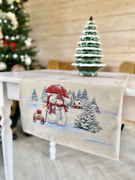 Tapestry table runner RUNNER1062 "Funny snowmen", 45x140, Rectangular, New Year's, Silver lurex, 75% polyester, 22% cotton, 3% acrylic