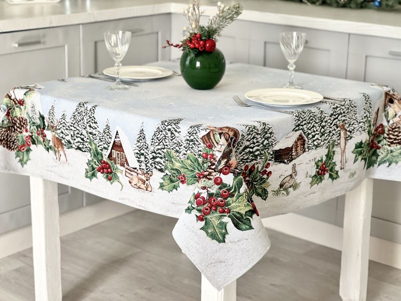 Tapestry tablecloth SQUIRREL, 137х137, Square, New Year's, Silver lurex, 75% polyester, 22% cotton, 3% acrylic