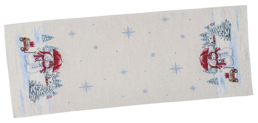 Tapestry table runner RUNNER1062 "Funny snowmen", 45x140, Rectangular, New Year's, Silver lurex, 75% polyester, 22% cotton, 3% acrylic