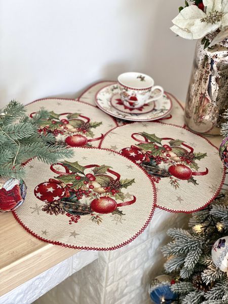 Tapestry placemat with lace RUNNER1375AZ-FN-25D, &Oslash;25, 25, 25, Round, New Year's, Golden lurex, 70% polyester, 23% cotton, 3% acrylic, 4% metal fibre, Tapestry