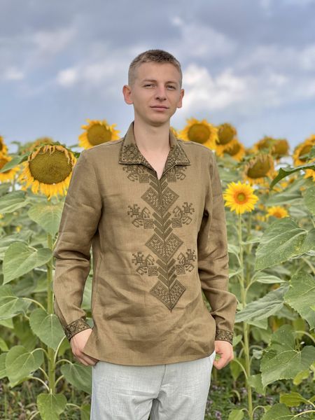 Męska haftowana koszula w kolorze khaki SVCH3, L, 100% linen, Men