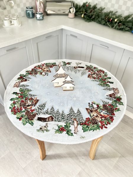 Tapestry tablecloth with lace SQUIRREL, Ø90, Round, New Year's, Silver lurex, 75% polyester, 22% cotton, 3% acrylic