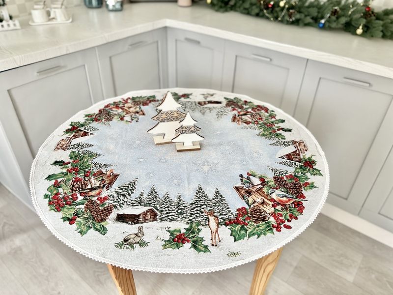 Tapestry tablecloth with lace SQUIRREL, Ø90, Round, New Year's, Silver lurex, 75% polyester, 22% cotton, 3% acrylic