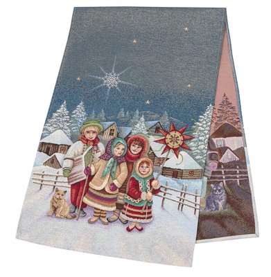 Tapestry table runner RUNNER1160 "Carol Singers", 37х100, Rectangular, New Year's, Golden lurex, 70% polyester, 23% cotton, 3% acrylic, 4% metal fibre