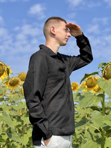 Męska haftowana koszula w kolorze czarnym SVCH4, S, 100% linen, Men