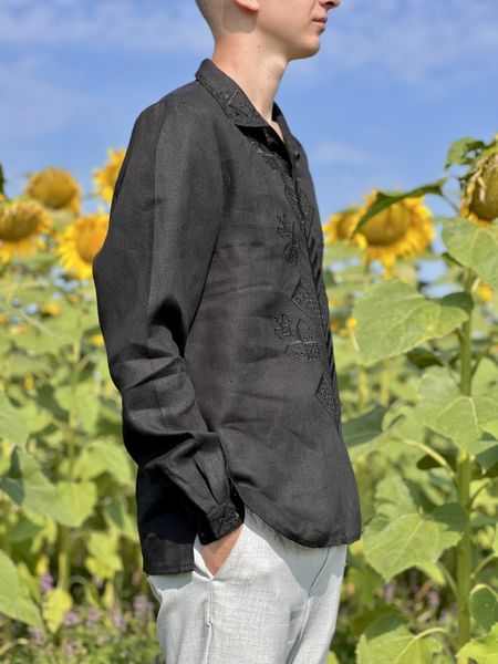 Męska haftowana koszula w kolorze czarnym SVCH4, S, 100% linen, Men