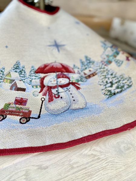 Tapestry Christmas tree skirt ROUND1062 "Funny snowmen", Ø90, Round, New Year's, Silver lurex, 75% polyester, 22% cotton, 3% acrylic