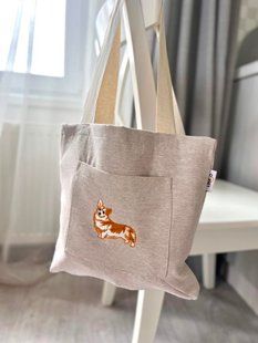 Tapestry shopping bag CHAMONIX-CORGI-SM36 (36x36), 36x36, Square, With animals, Embroidery, 55% cotton, 45% polyester, Tapestry