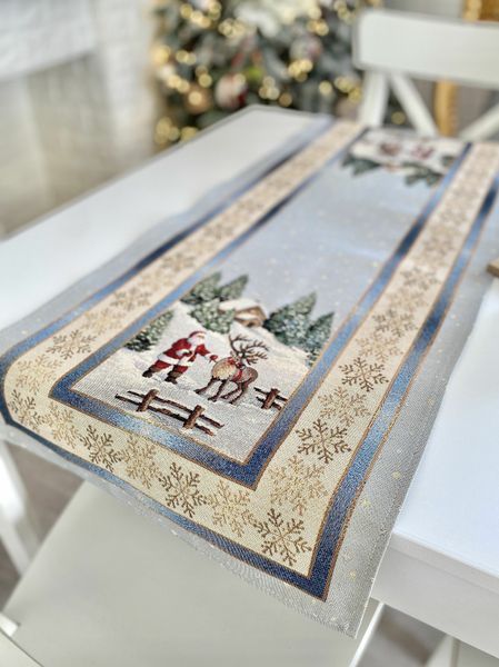 Tapestry table runner RUNNER723C Christmas in Mountains, 37х100, 100, 37, Rectangular, New Year's, Golden lurex, 70% polyester, 23% cotton, 3% acrylic, 4% metal fibre, Tapestry
