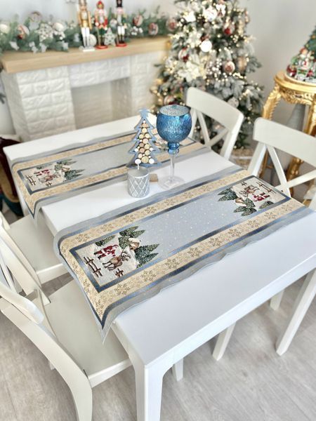 Tapestry table runner RUNNER723C Christmas in Mountains, 37х100, 100, 37, Rectangular, New Year's, Golden lurex, 70% polyester, 23% cotton, 3% acrylic, 4% metal fibre, Tapestry