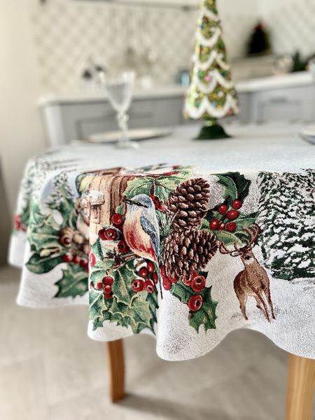 Tapestry tablecloth SQUIRREL, Ø140, Round, New Year's, Silver lurex, 75% polyester, 22% cotton, 3% acrylic