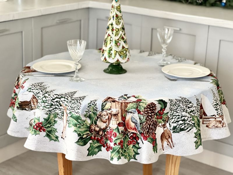 Tapestry tablecloth SQUIRREL, Ø140, Round, New Year's, Silver lurex, 75% polyester, 22% cotton, 3% acrylic