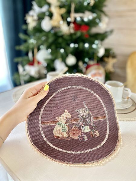 Tapestry placemat with lace ROUND966ML-25D "Waiting for a miracle", Ø25, Round, New Year's, Without lurex, 75% polyester, 22% cotton, 3% acrylic