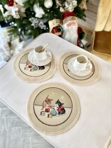 Tapestry placemat with lace ROUND966ML-25D "Waiting for a miracle", Ø25, Round, New Year's, Without lurex, 75% polyester, 22% cotton, 3% acrylic