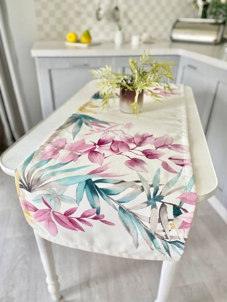 Bieżnia z powłoką wodoodporną MANTEL BOTANIA, 45x150, Prostokątny, Kwiatowy, Z wodoodporną powłoką, 75% bawełna, 25% poliester, Wodoodporny