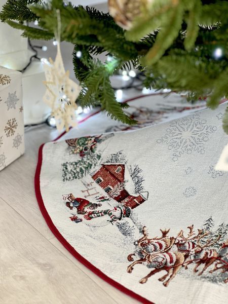 Gobelinowa sp&oacute;dnica choinkowa SLED, &Oslash;90, 90, 90, Okrągły, Nowy Rok, Z mikrofibry + srebrny lureks, 40% poliester, 60% bawełna, Gobelin